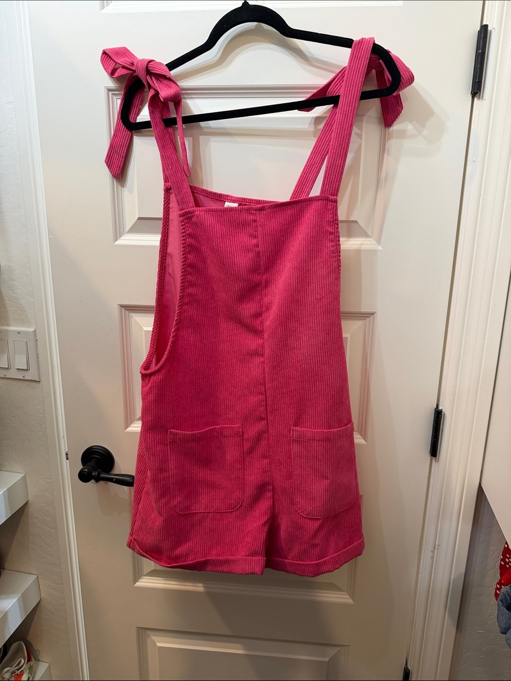 Amazon Pink Corduroy Tie-Shoulder Romper Shorts